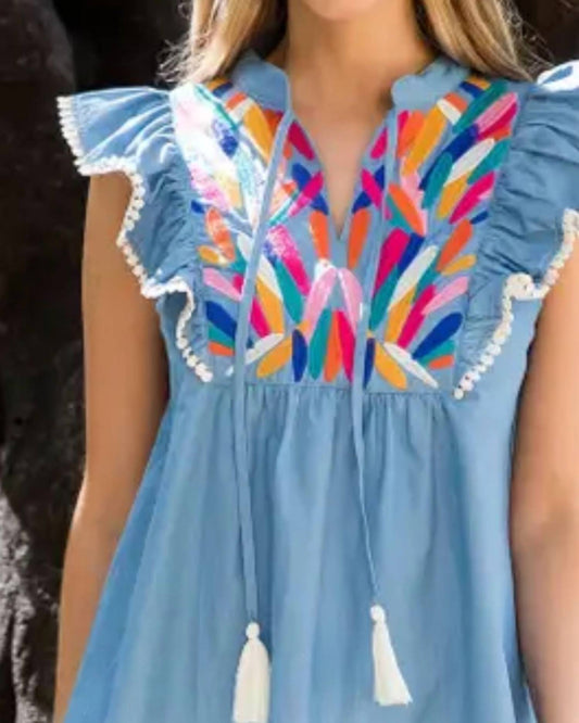 Thml - EMBROIDERED TASSEL TIE RUFFLE BLOUSE