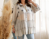 Young Threads - Mexican Embroidery Blouse Gathered Waist Shirt