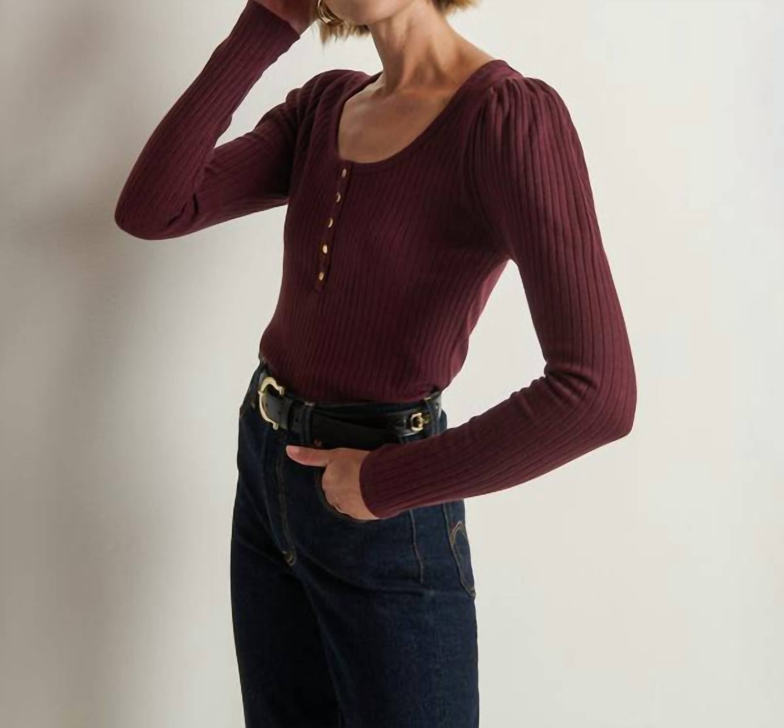 Nation LTD Reeva Henley Top in port - women's long sleeve top - detail view