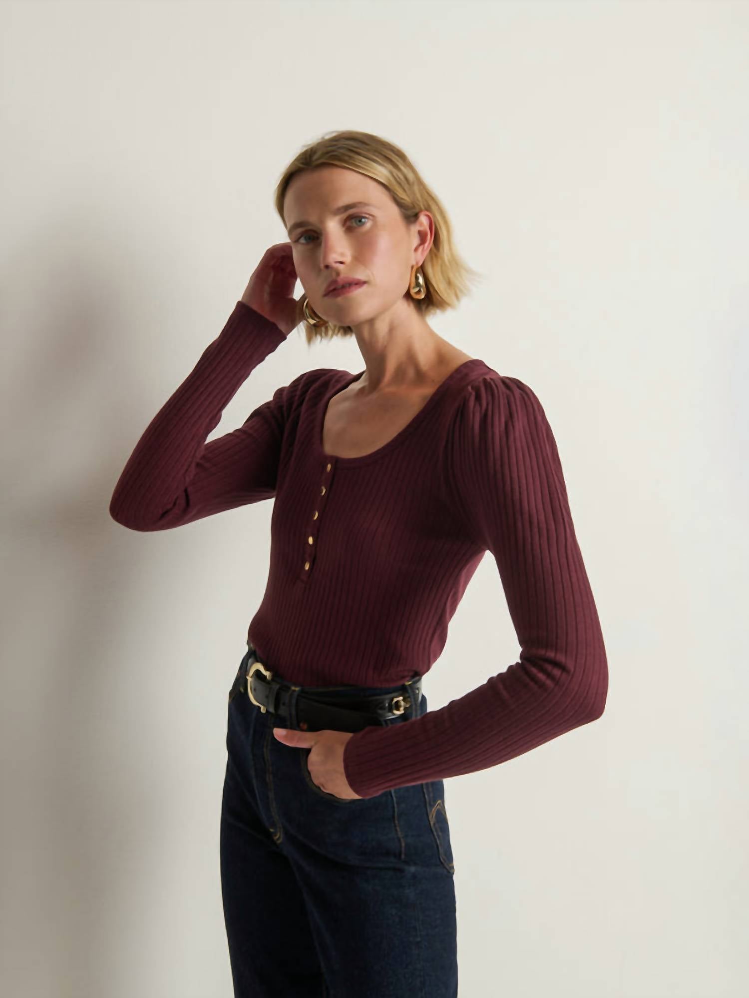 Nation LTD Reeva Henley Top in port - women's long sleeve top - alternate view