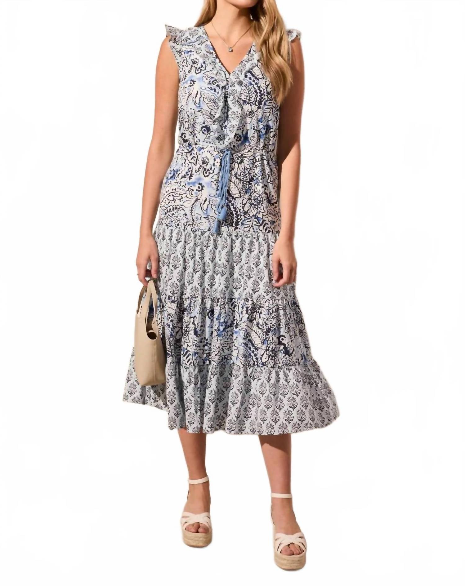 Tribal - Printed V-neck Dress W/drawcord Waist