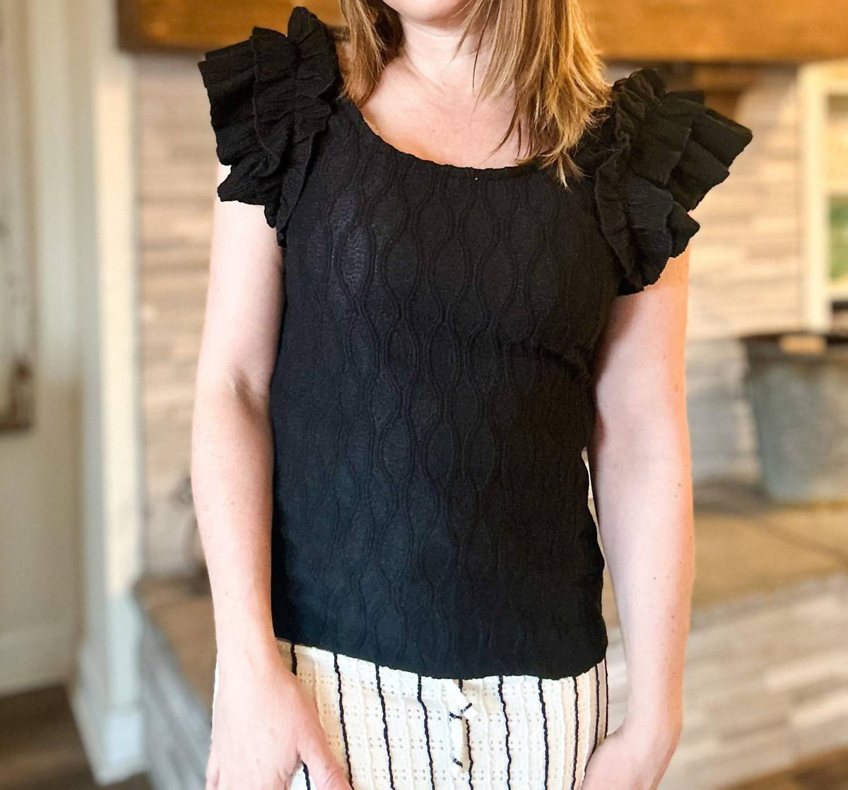 Easel - Black Ruffle Sleeve Tank