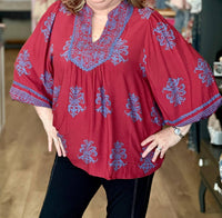 Easel - Boho Printed Rayon Challis Blouse - Plus