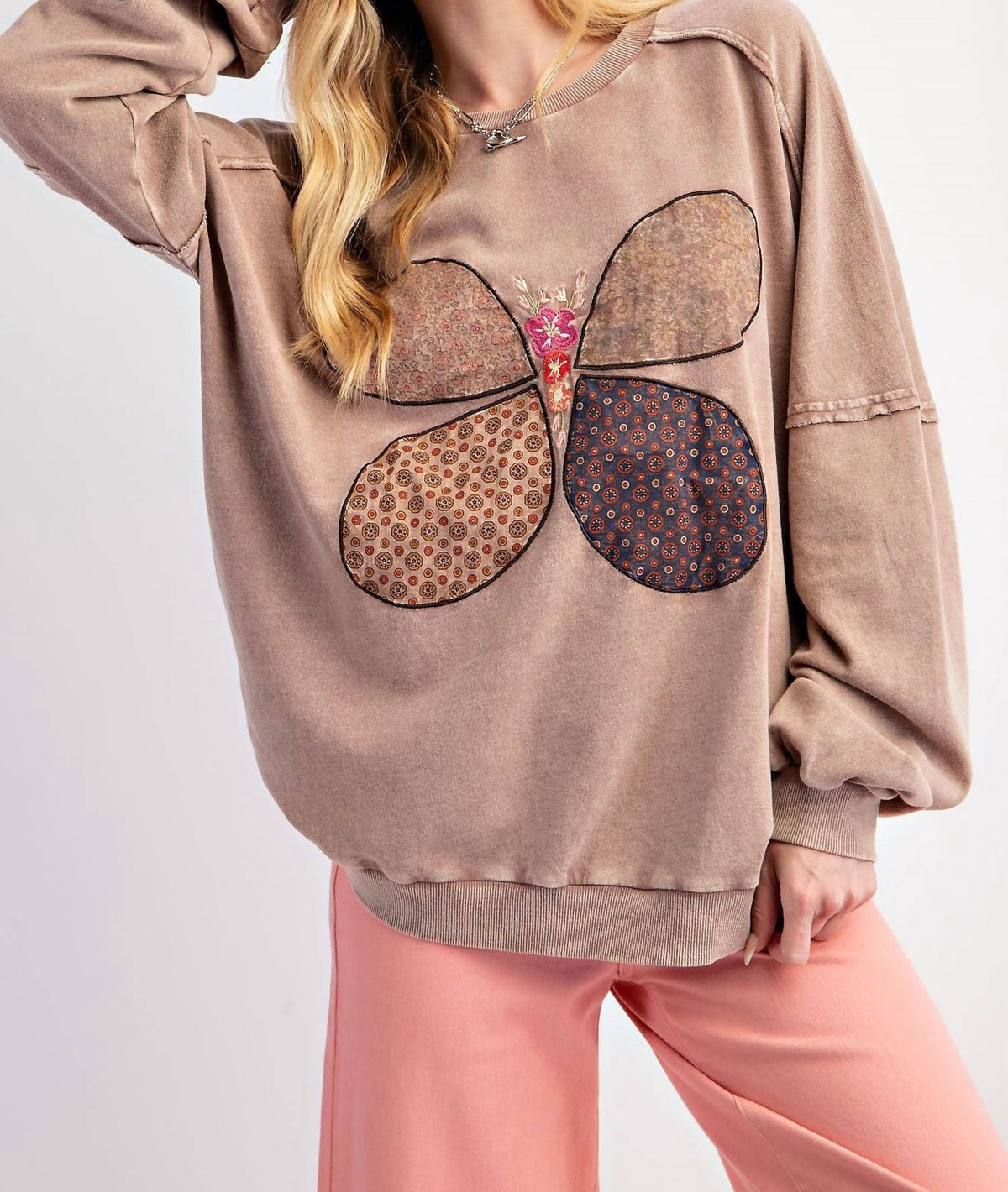 Easel - Butterfly Patch Washed Terry Knit Pullover