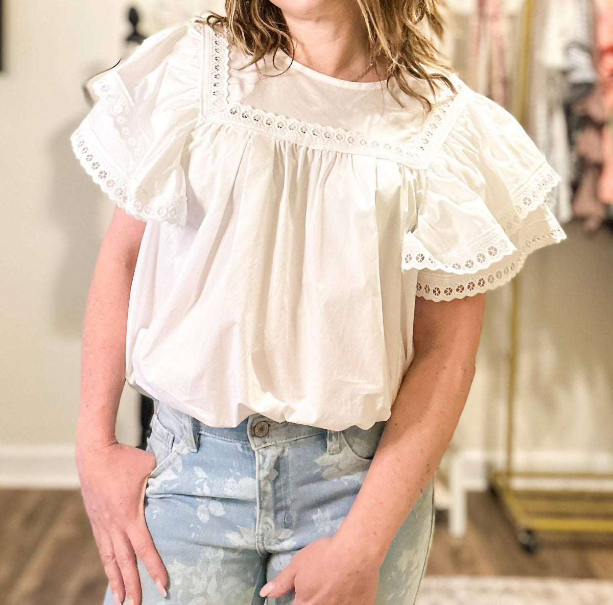 Easel - Crochet Lace Ruffle Peasant Top
