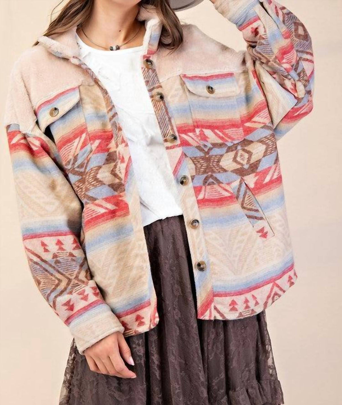 Easel - Ethnic Print Button Down Shacket