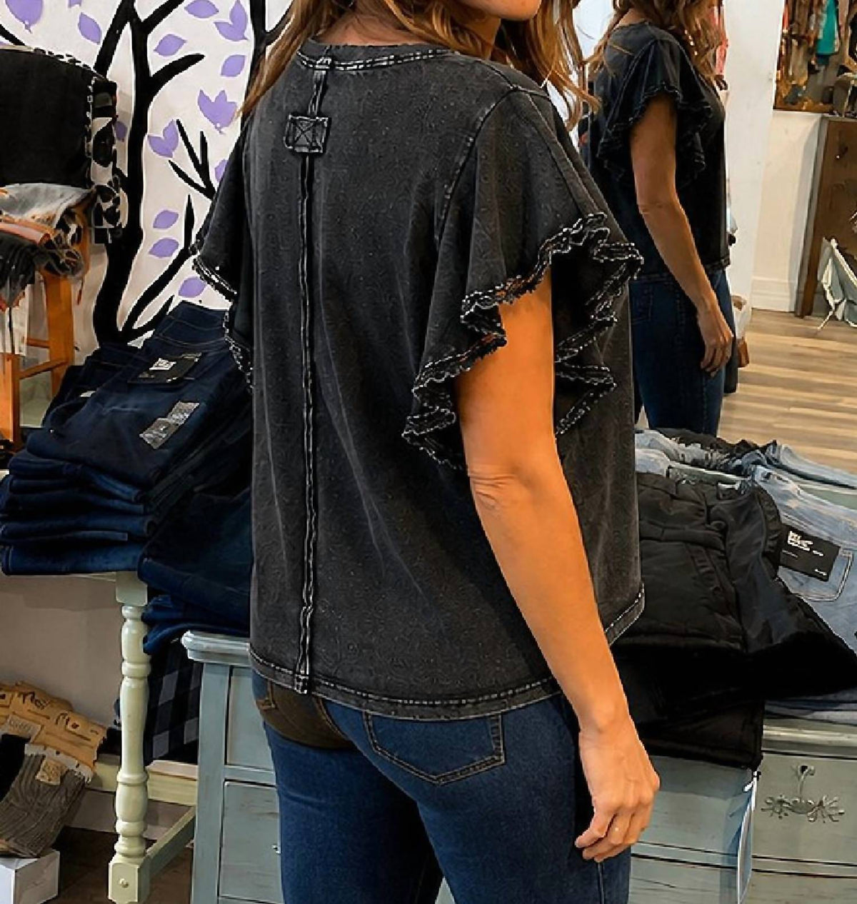 Easel - Flirty Ruffle Sleeve Top
