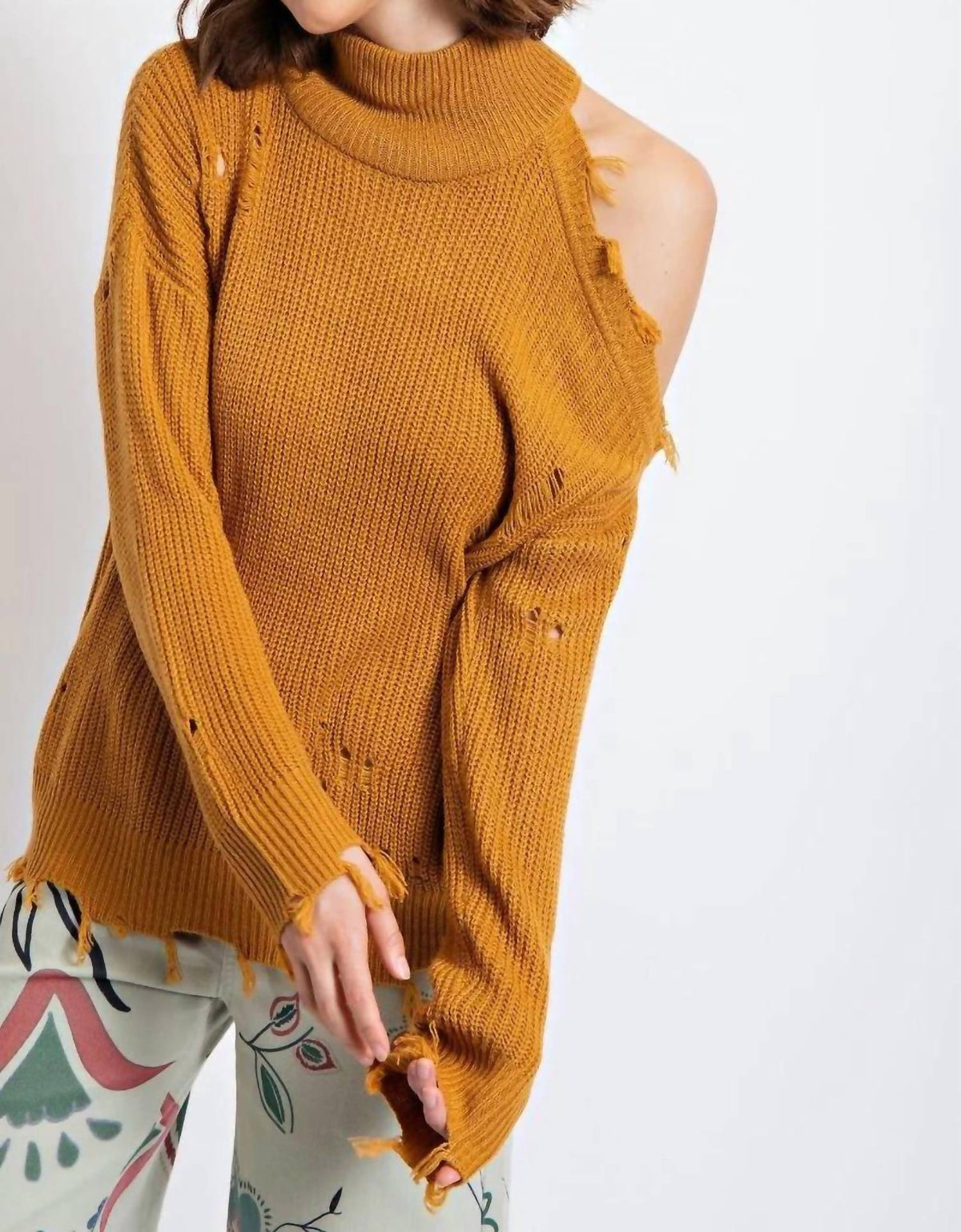 Easel - Lauren Cold Shoulder Distressed Sweater