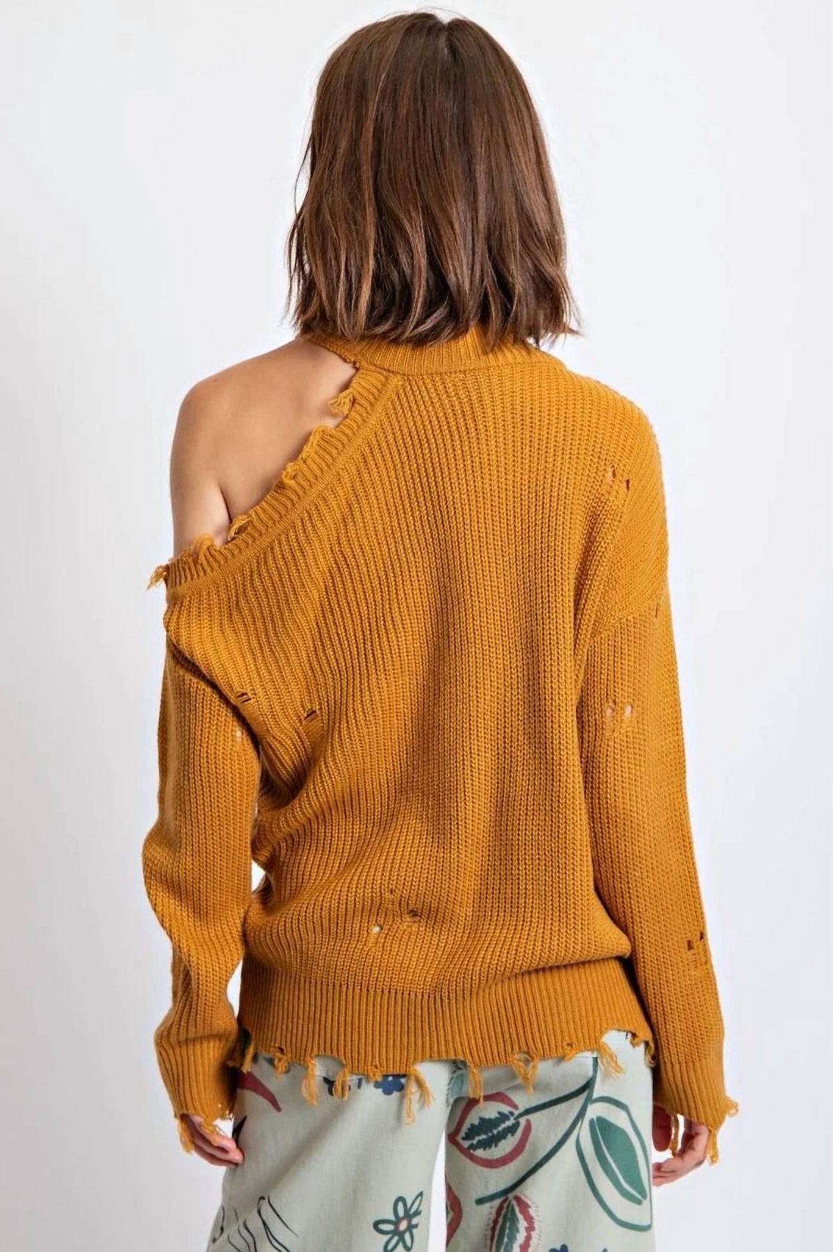 Easel - Lauren Cold Shoulder Distressed Sweater