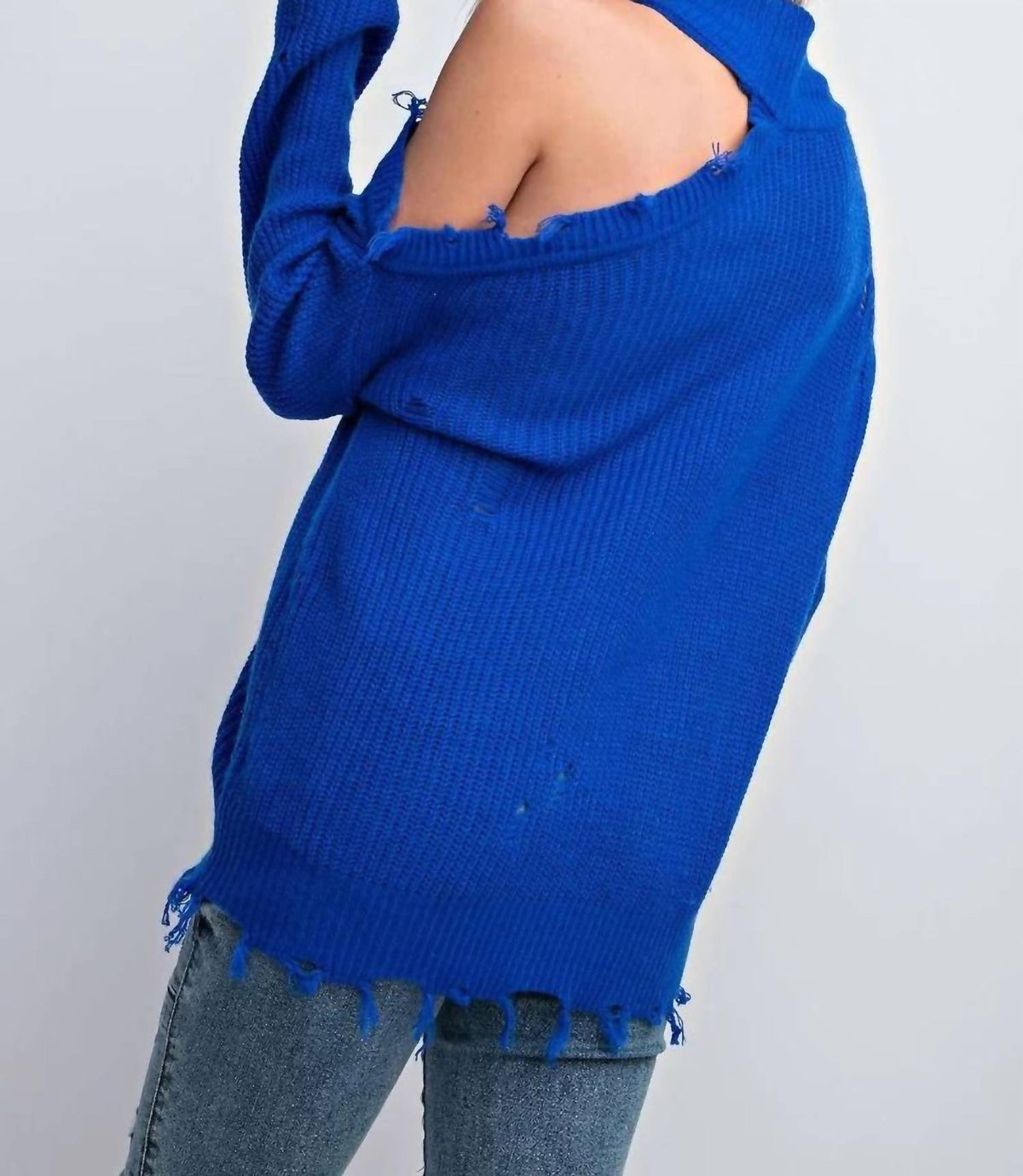 Easel - Lauren Cold Shoulder Distressed Sweater