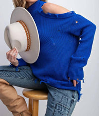 Easel - Lauren Cold Shoulder Distressed Sweater