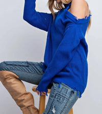 Easel - Lauren Cold Shoulder Distressed Sweater