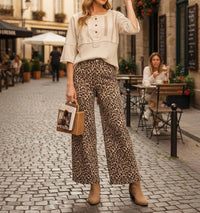 Easel - Leopard Print High Waist Washed Twill Wide Leg Pants