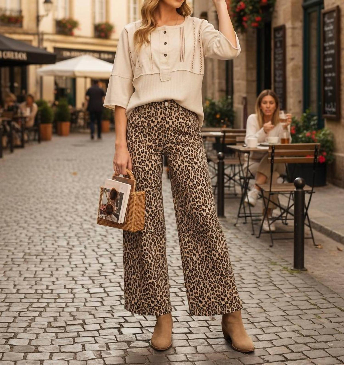 Easel - Leopard Print High Waist Washed Twill Wide Leg Pants
