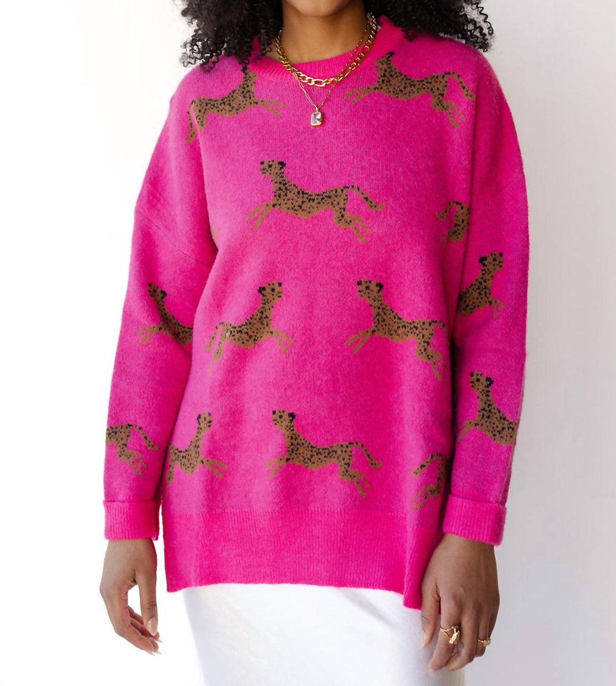 Easel - Long Sleeve Cheetah Patterned Knitted Sweater