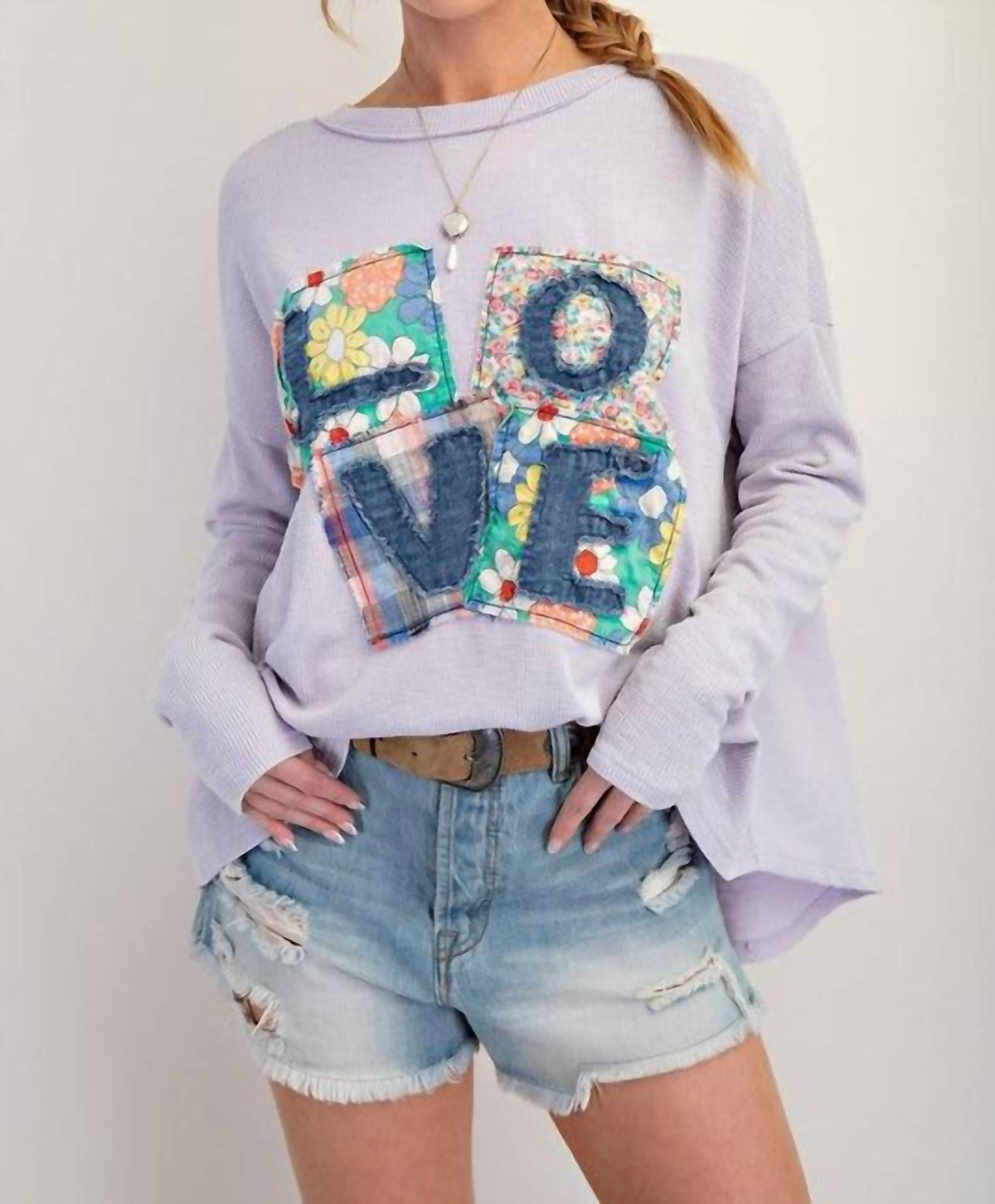 Easel - Love Patch Rib Knit Mineral Washed Top