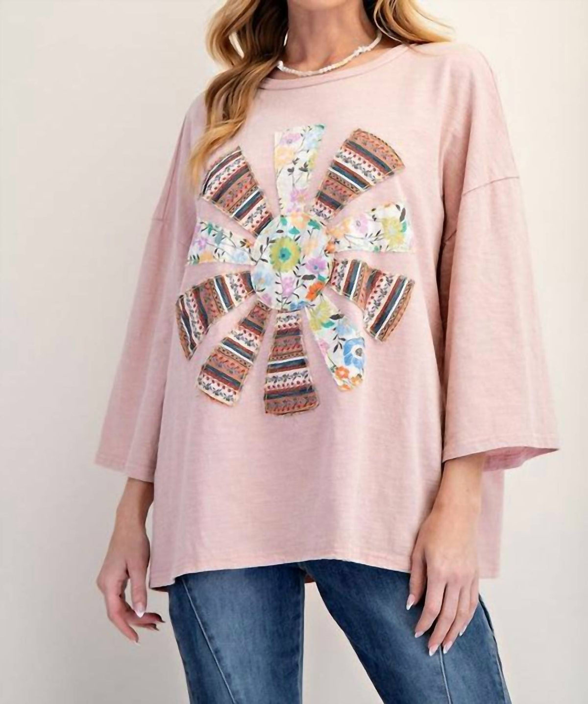 Easel - Patchwork Mineral Washed Cotton Slub Knit Top