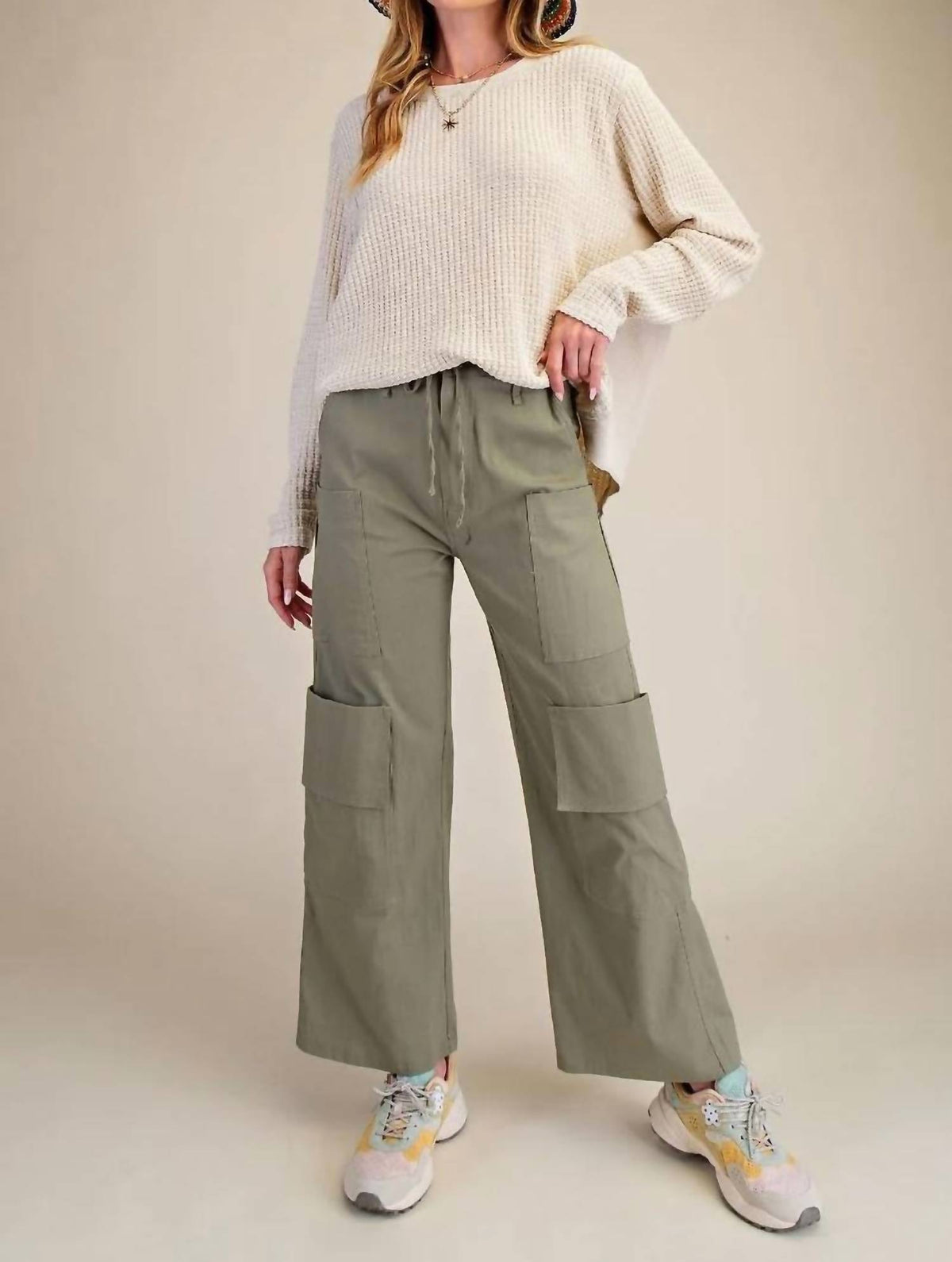 Easel - Poly Linen Cargo Wide Pants