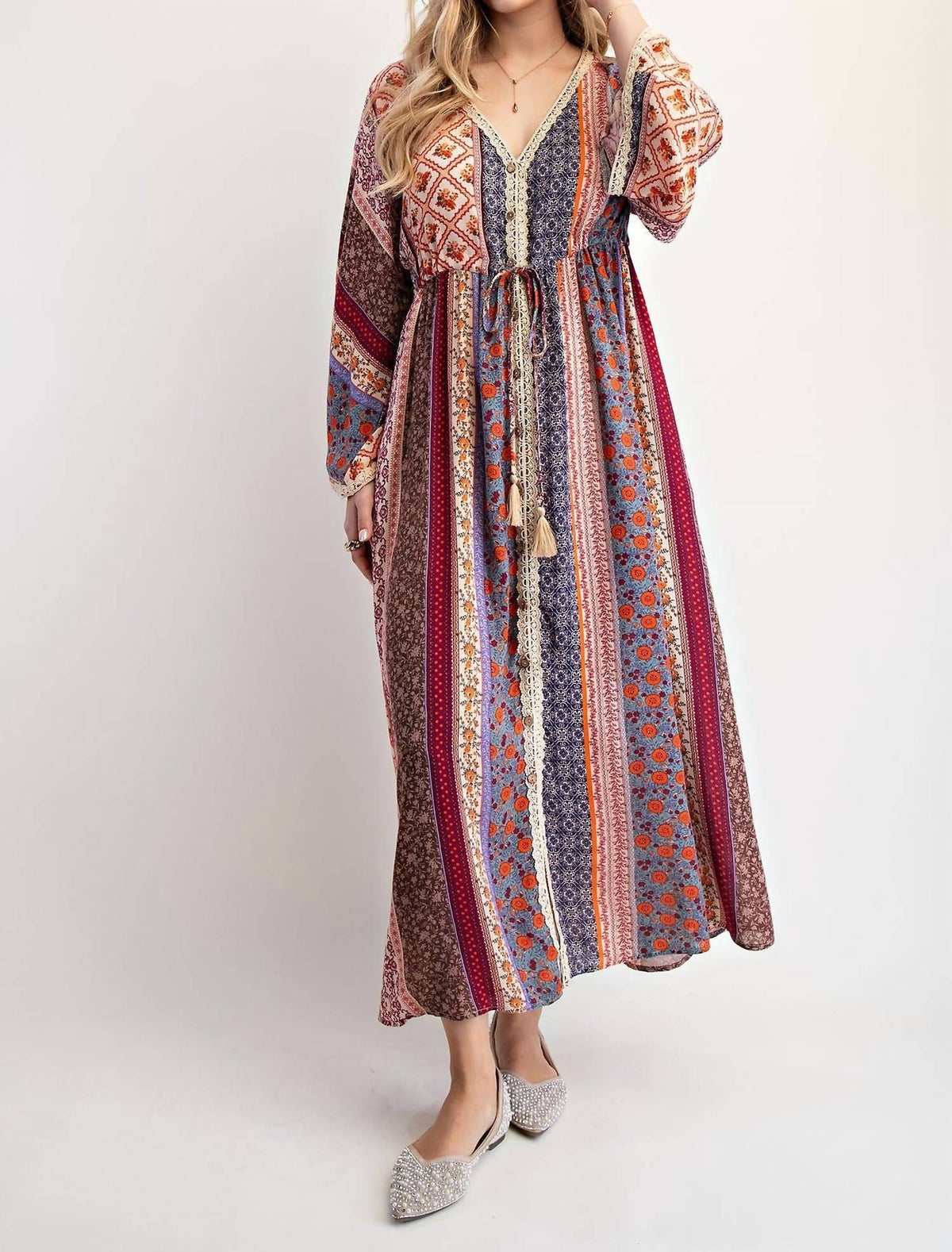 Easel - Printed Bell Sleeve Maxi Duster Dress