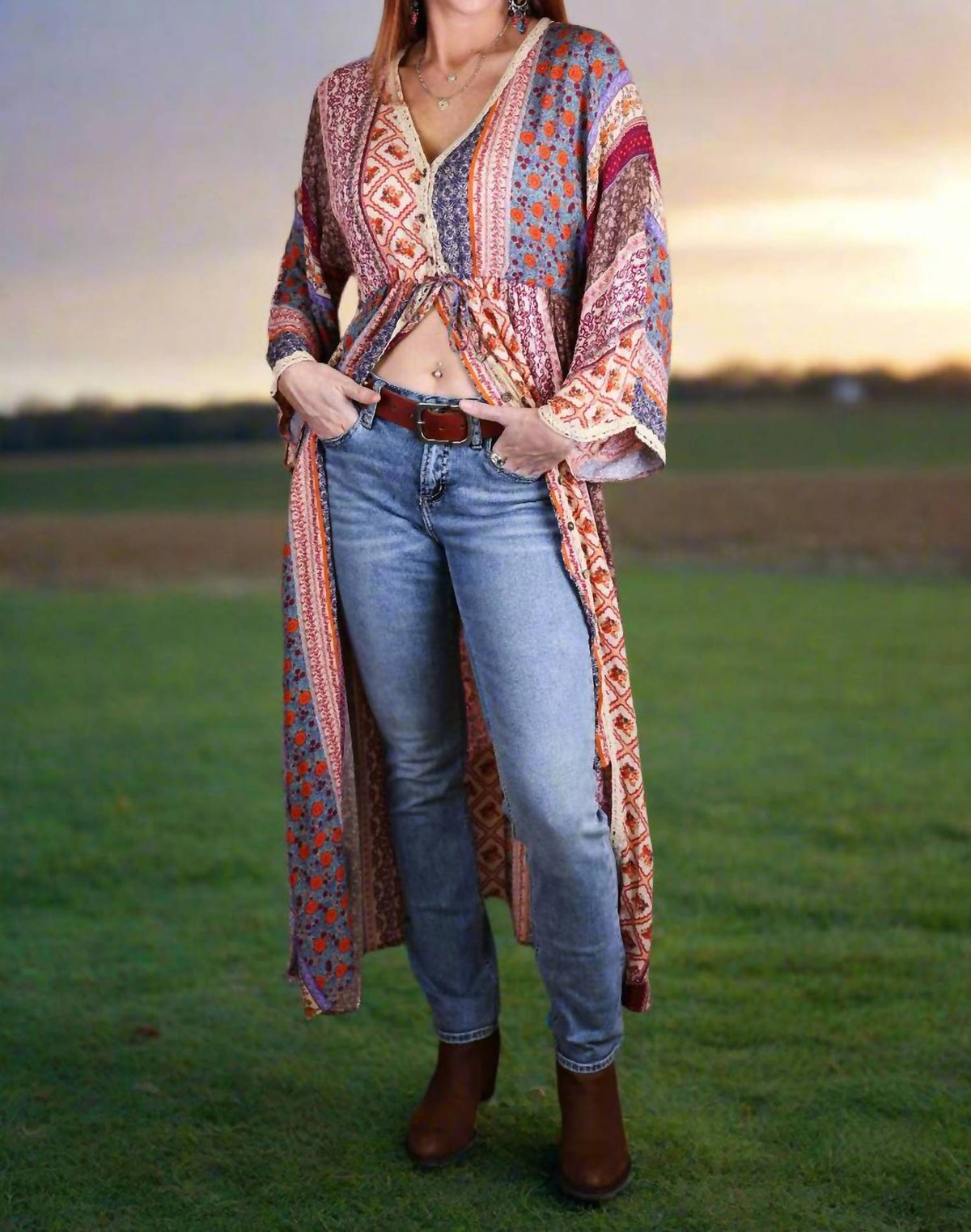 Easel - Printed Bell Sleeve Maxi Duster Dress