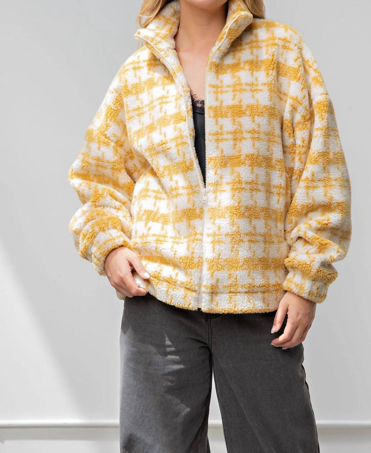 Easel - Printed Faux Fur Zip Up Jacket
