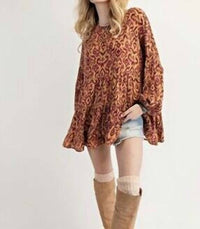 Easel - Printed Rayon Gauze Babydoll Tunic Top