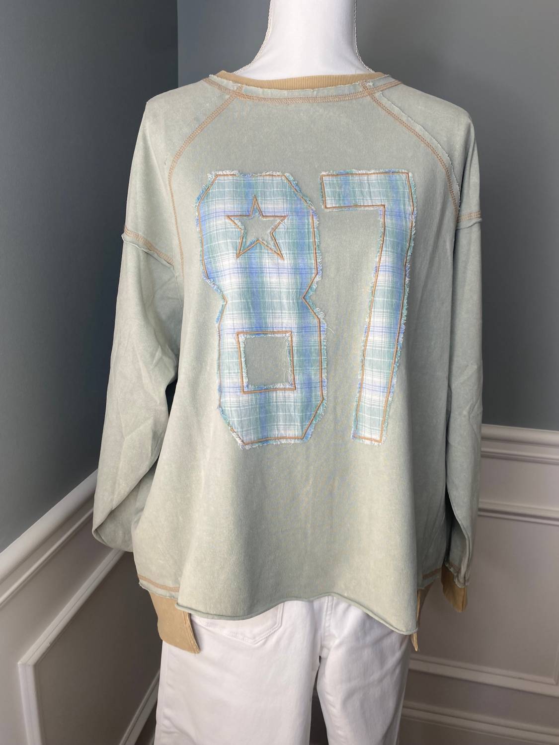 Easel - Women's Number Graphic Patch Washed Terry Pullover Top