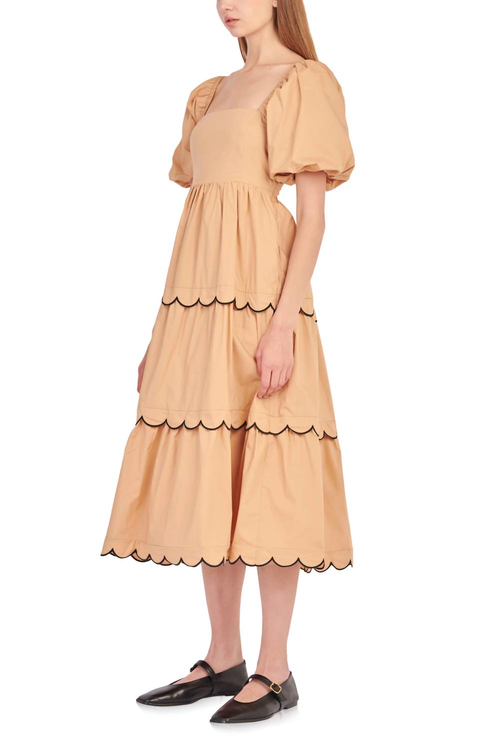 English Factory - Puff Sleeve Scallop Trim Cotton Midi Dress