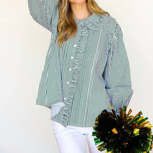 Karlie - Women's Stripe Pleat Ruffle Trim Top