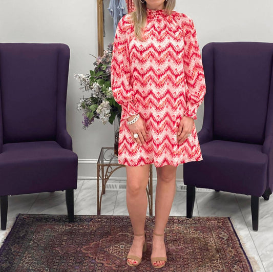 Cinched Neck Red Ikat Dress