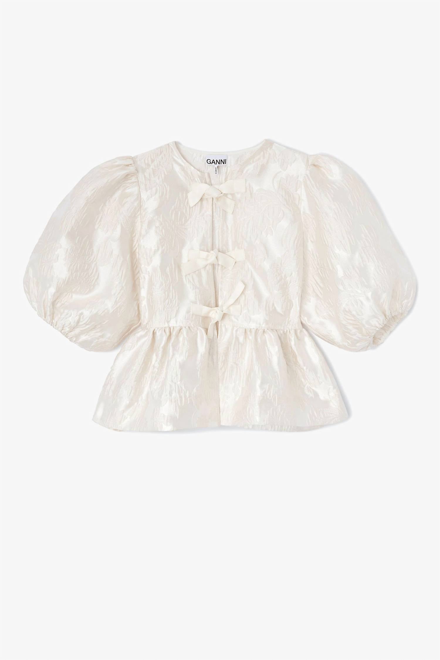 GANNI Satin Cloque Peplum Blouse in egret - women's blouse - alternate view