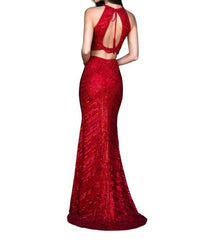 Sherri Hill Fitted Sequin Two-piece Gown With A Scallop Bodice in red - women's skirt - detail view