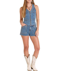 Rock & Roll Denim Seamed Denim Zip Up Vest in blue - women's blouse