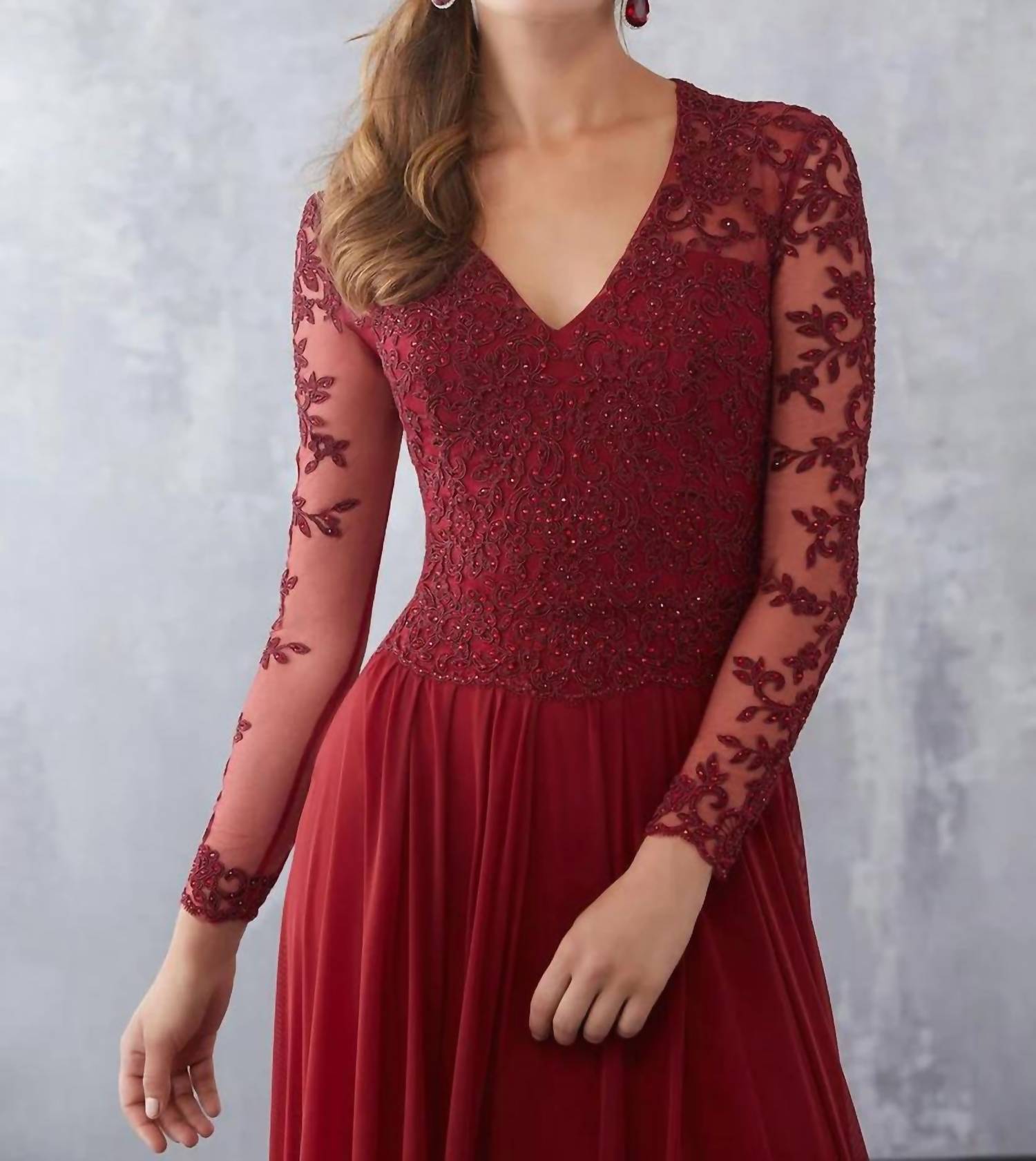 Mgny - Beaded Lace On Net With Stretch Mesh Long Dress