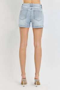 RISEN High Rise Side Slit Denim Shorts in light wash - women's shorts - detail view