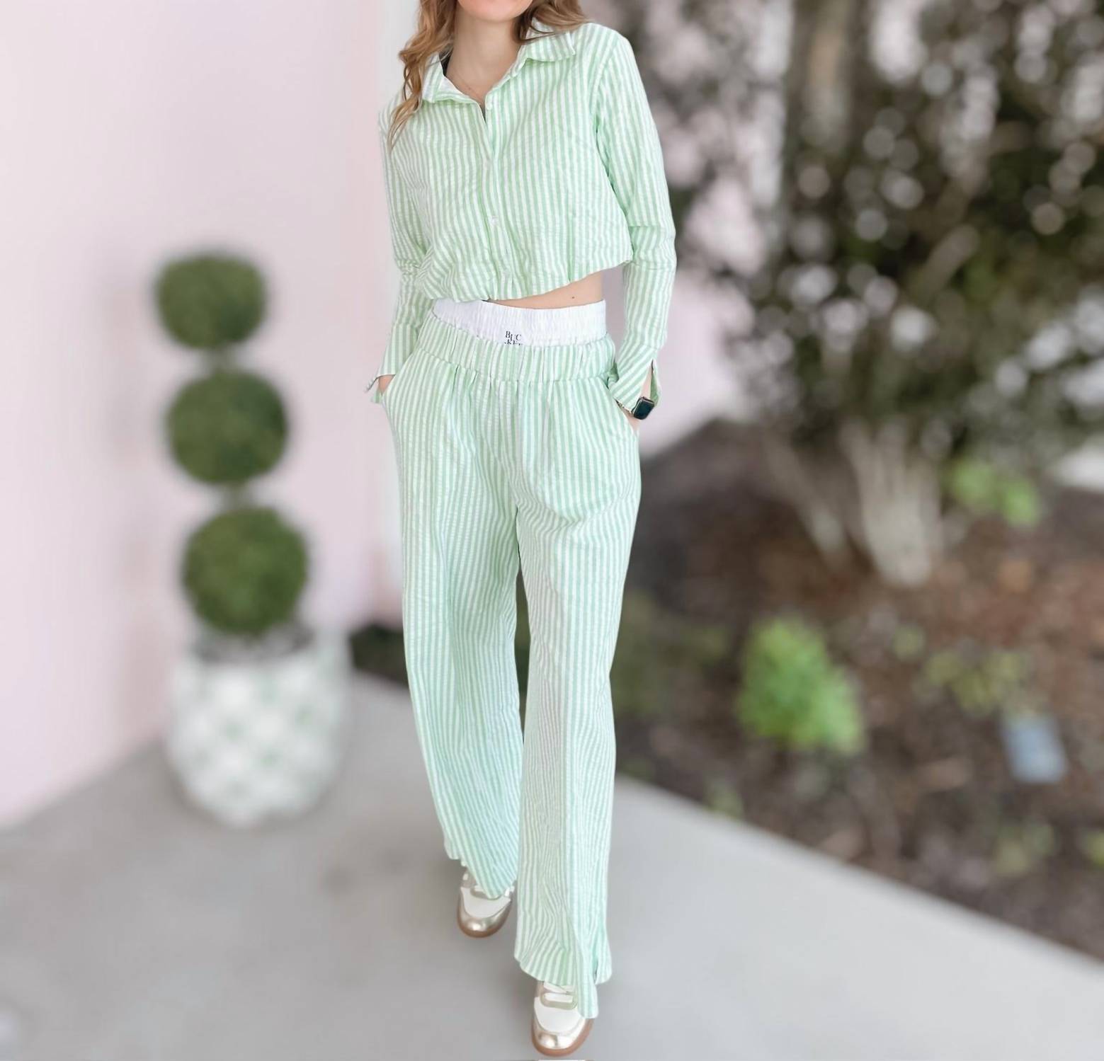 BUCKETLIST Striped Seersucker Crop Shirt Top in sage - women's shirt - view 4
