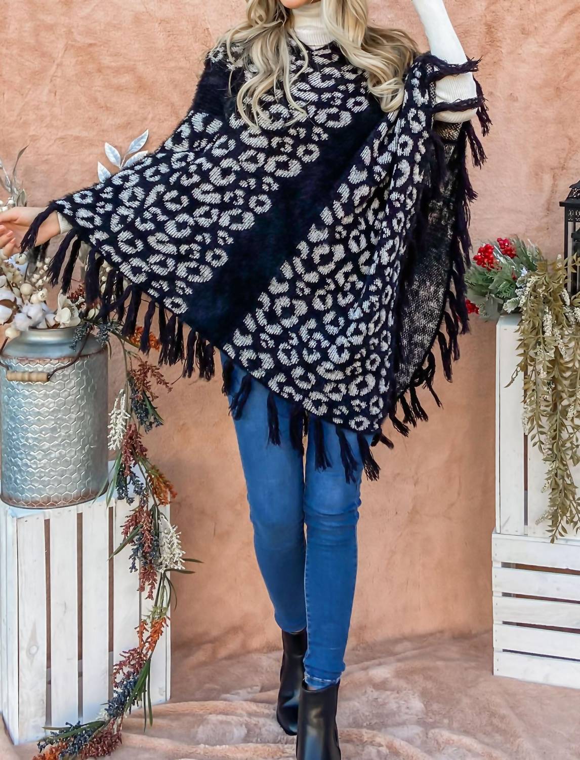 And The Why - Leopard Print Fringed Poncho