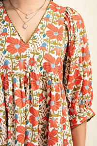 GiGiO Babydoll Blossom Floral Puff Sleeve Dress in coral cream - women's dress - view 4