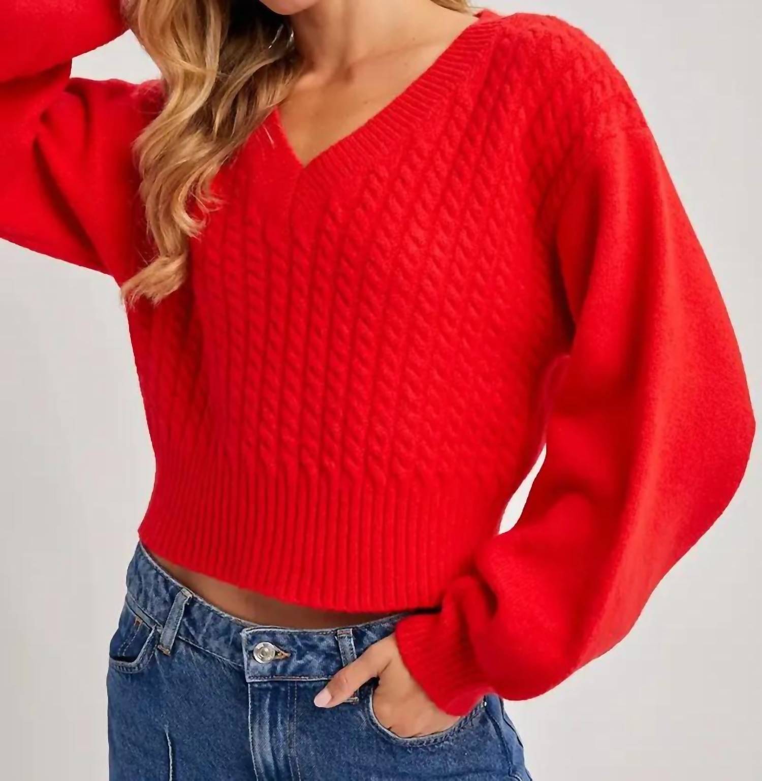 BluIvy Cropped V-Neck Cable Knit Sweater in ruby - women's cardigan - view 5