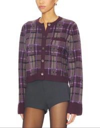 NAADAM Luxe Plaid Jacquard Cardigan in purple combo - women's cardigan - alternate view