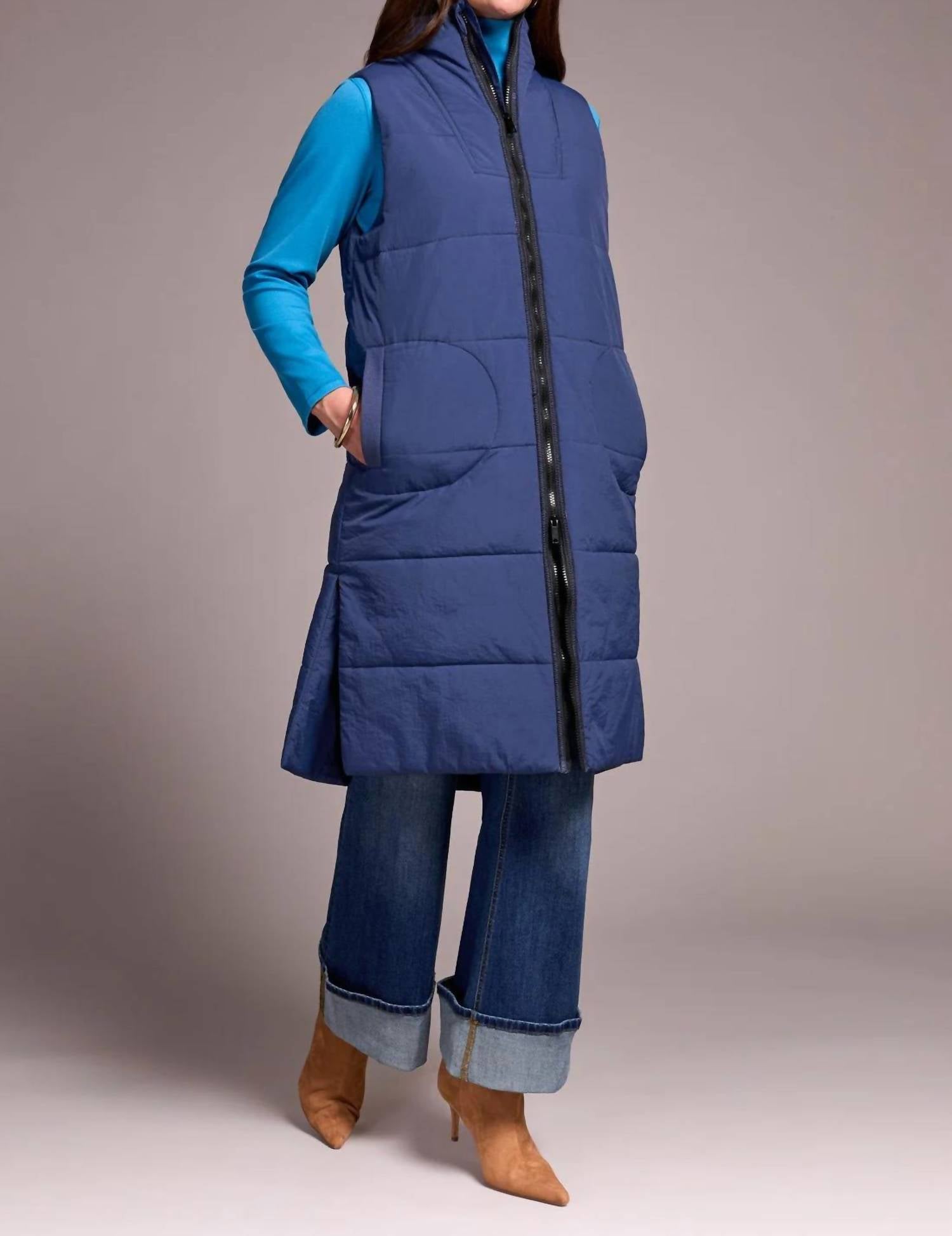 TRIBAL Long Zip-front Quilted Vest in marine - women's jacket