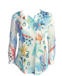 Jess & Jane Women's Flora Burnout Rounded Hem Top in blue multi - women's blouse