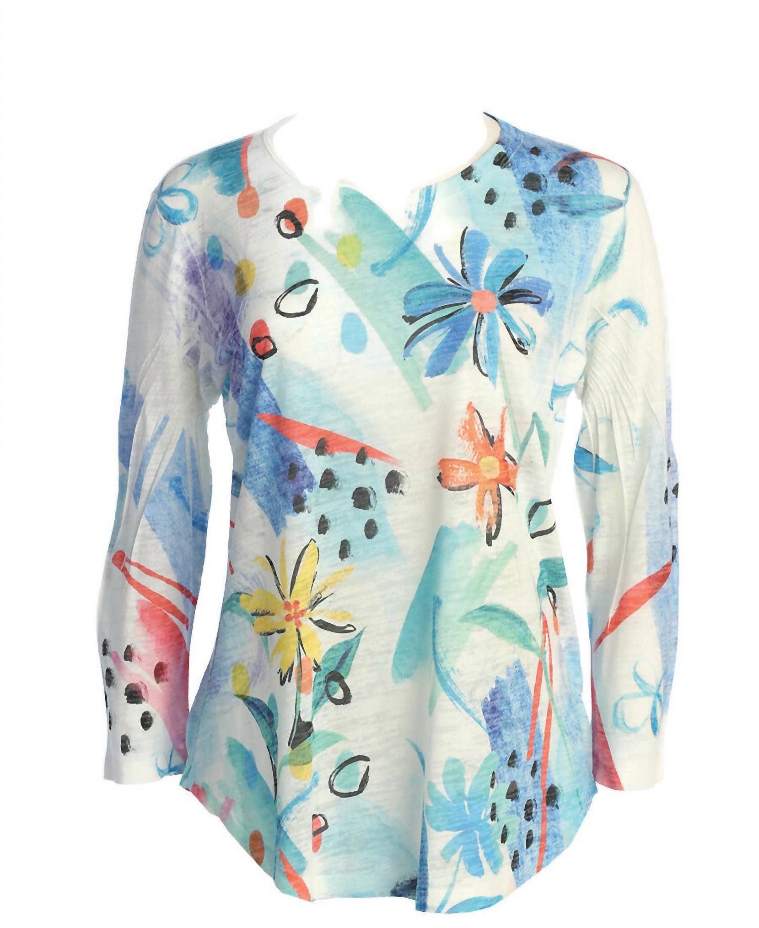 Jess & Jane Women's Flora Burnout Rounded Hem Top in blue multi - women's blouse