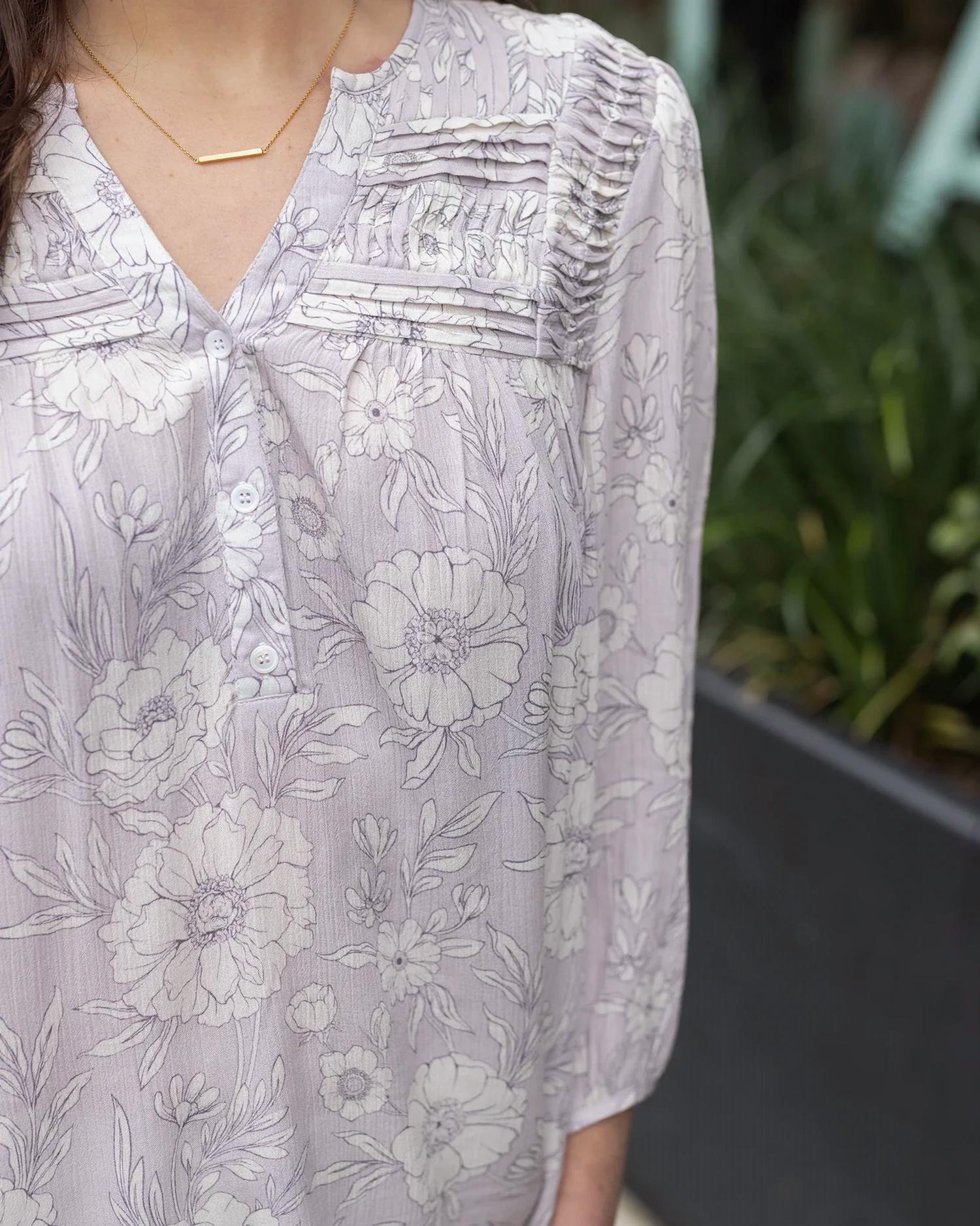 Grace And Lace - Sketched Floral Pintuck Blouse