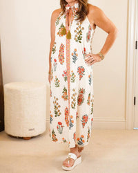 THML Halter Floral Pattern Midi Dress in cream - women's dress - detail view
