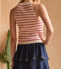 SKIES ARE BLUE Saylor Striped Viscose Knit Tank Top in blue - women's tank top - detail view