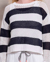 Sundry Mesh Stripe Boat Neck Sweater in deep navy - women's sweater - detail view