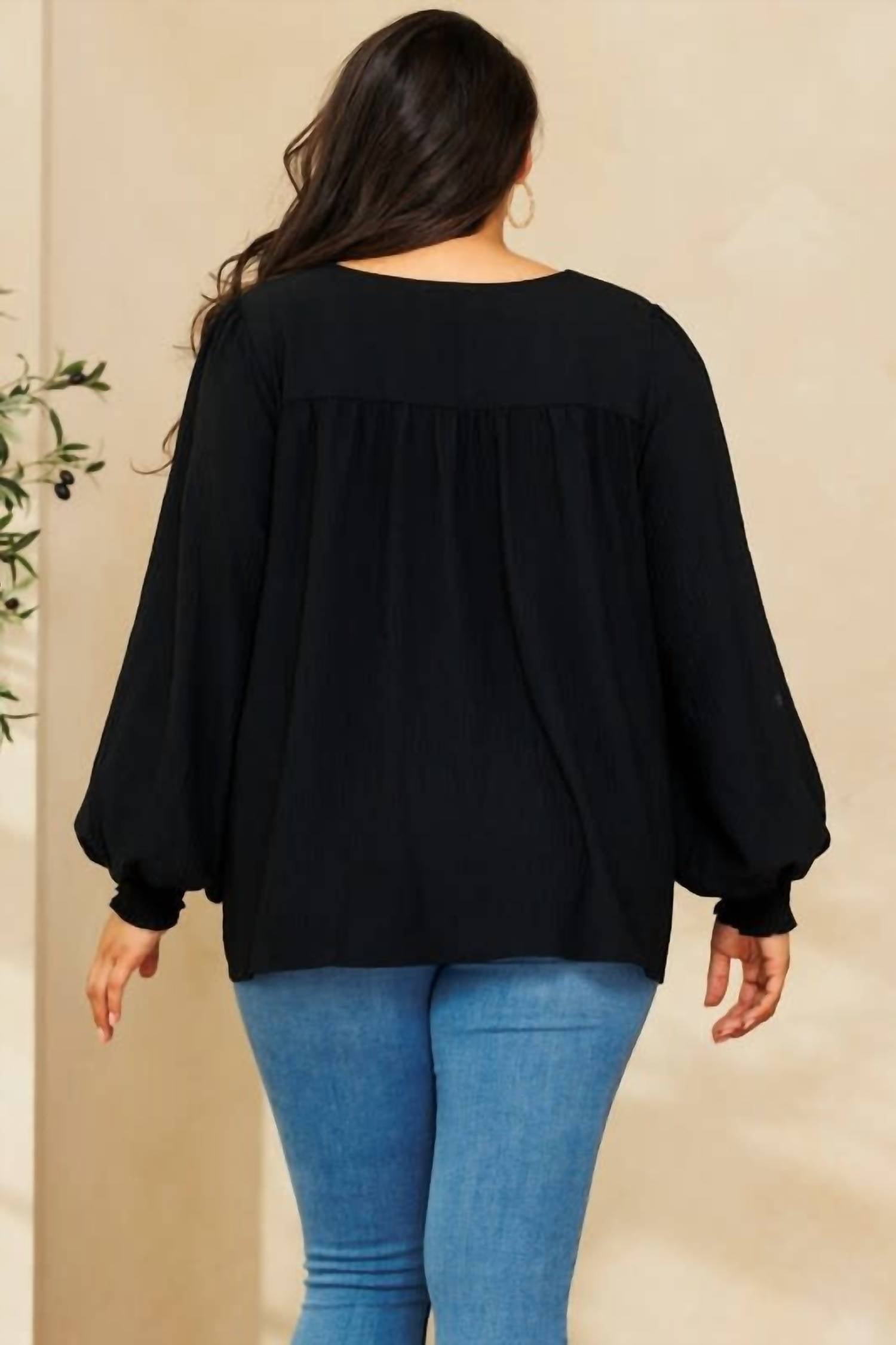 Oddi - Solid Long Puff Sleeves Woven Blouse - Plus