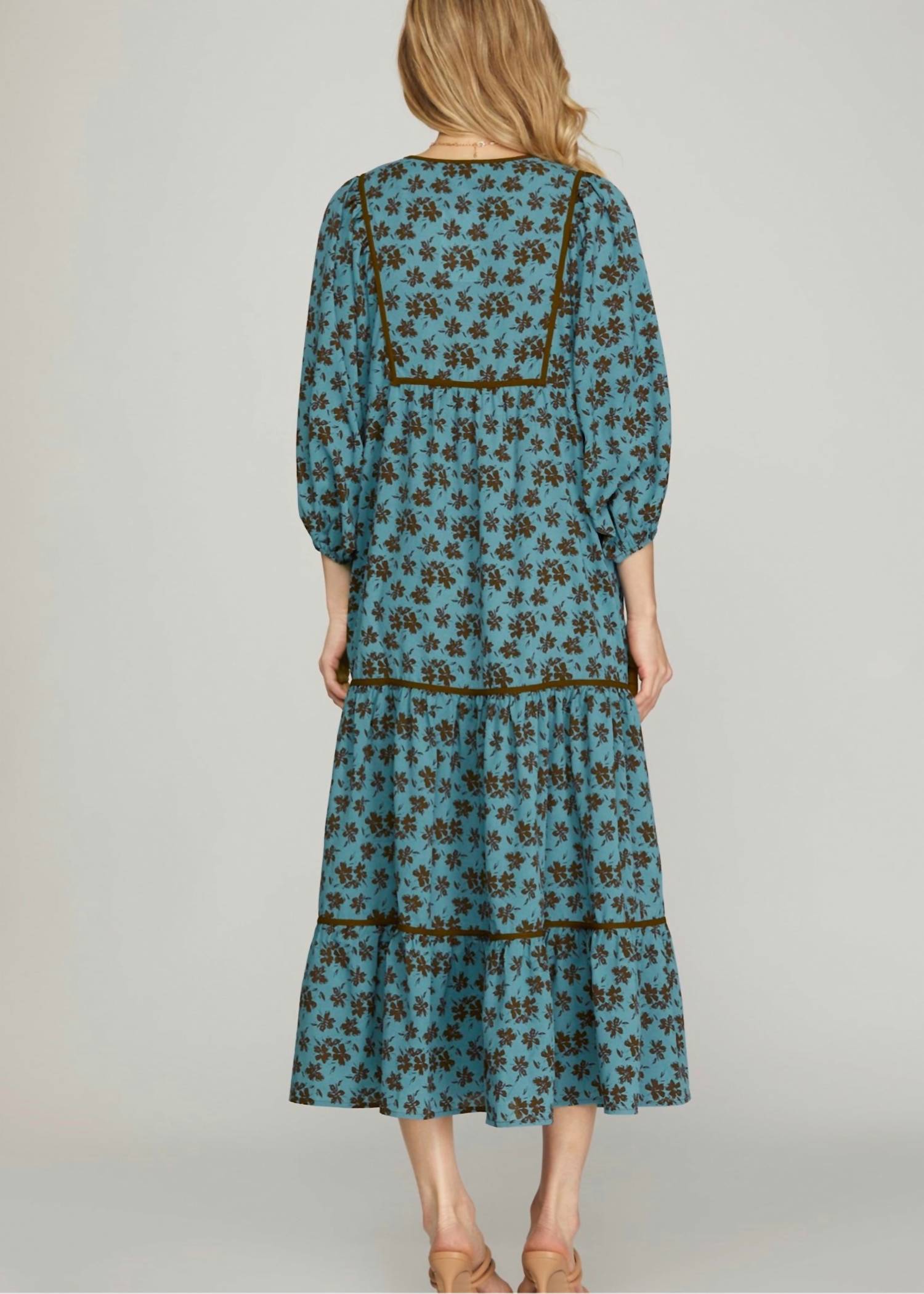 Style U Amelia Tiered Midi Dress in teal - women's dress - detail view