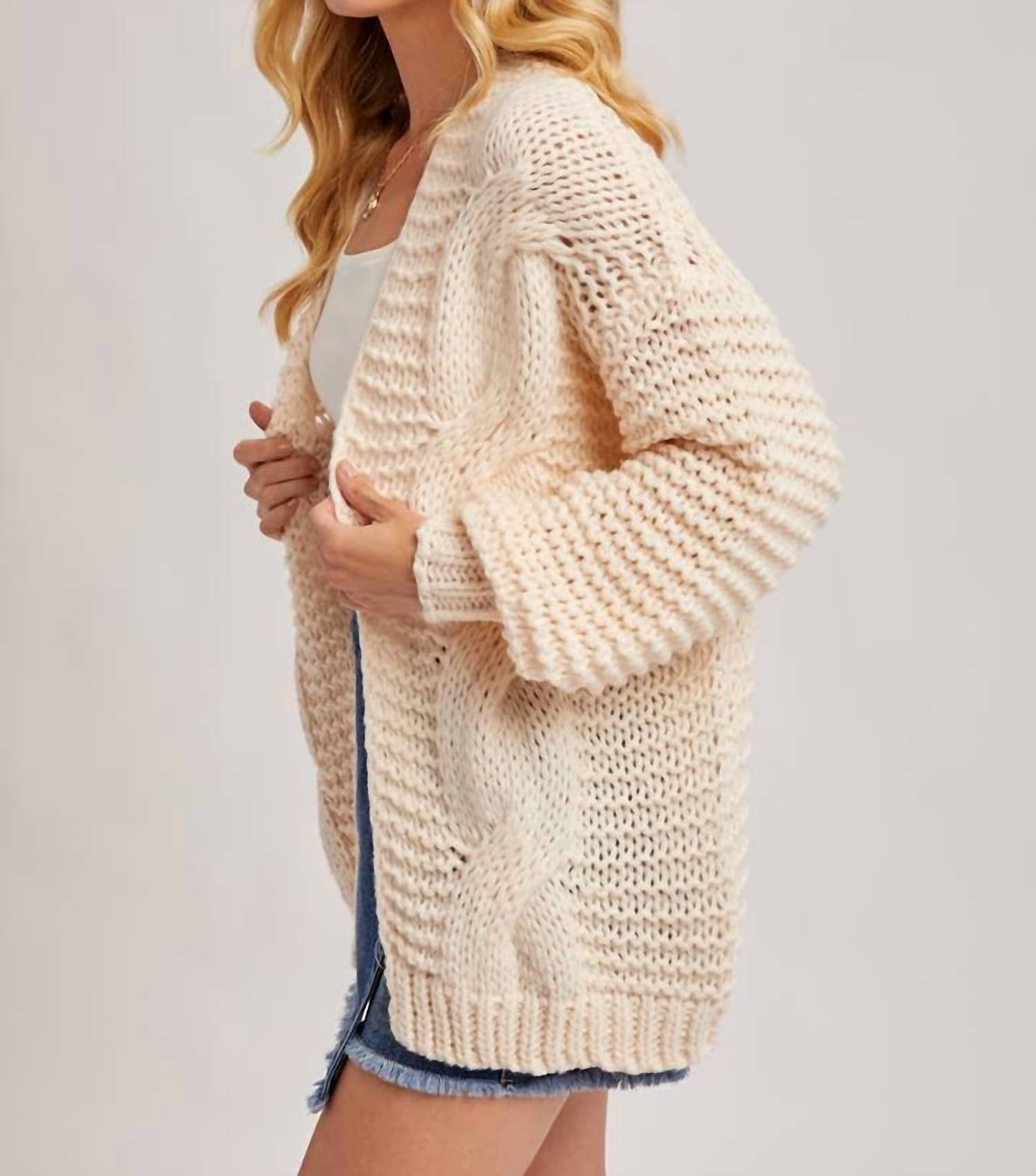 BluIvy Chunky Cable Knit Sweater Cardigan in cream - women's sweater - alternate view